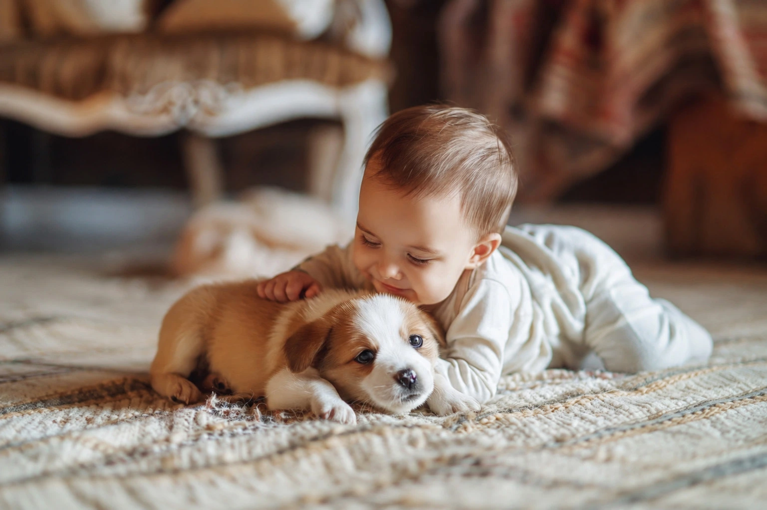 Un bebé acaricia a su cachorro, su amigo fiel